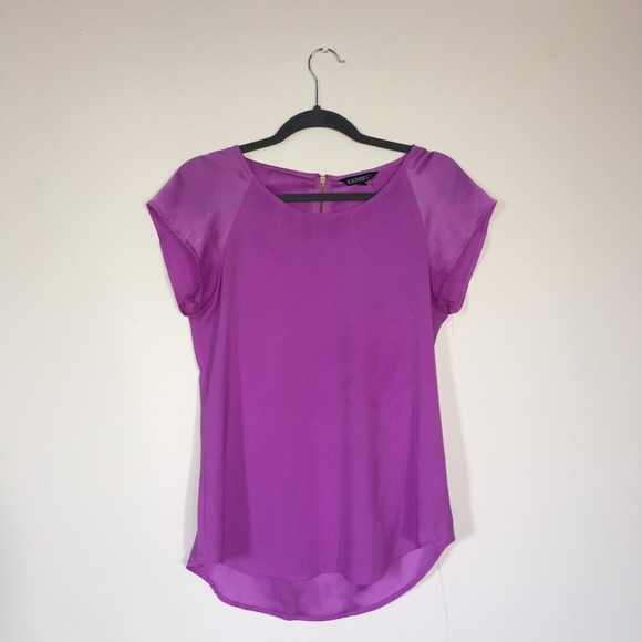 Express Tops - Magenta sheer capped sleeve top, back gold zipper